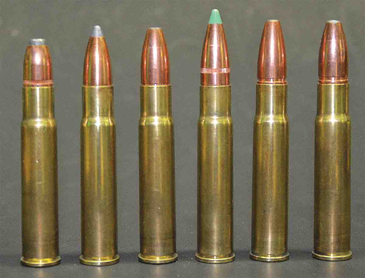 The .375 JDJ chamber throat is long enough to seat bullets with their bases no deeper in the case than the shoulder/neck junction: (1) Sierra 200-grain FN, (2) Sierra 250-grain SBT, (3) Swift 250-grain A-Frame, (4) Nosler 260-grain Ballistic Tip, (5) Swift 270-grain A-Frame, (6) Swift 270-grain A-frame.